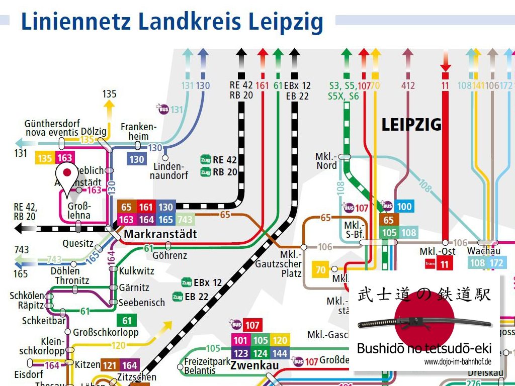 Dojo im Bahnhof Anfahrt mit der Bus Linie 163 Kartenauszug von Liniennetz Leipzig Land 2019