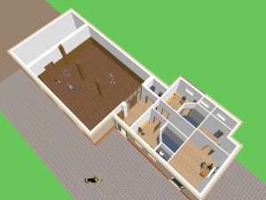 3D Entwurf vom Dojo - Blick ins Dojo, Eingangsbereich, Küche, Umkleideräumen, WC, Duschen und Büroräumen