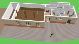 3D Entwurf vom Dojo - Blick ins Dojo, Eingangsbereich, Küche, Umkleideräumen, WC, Duschen und Büroräumen